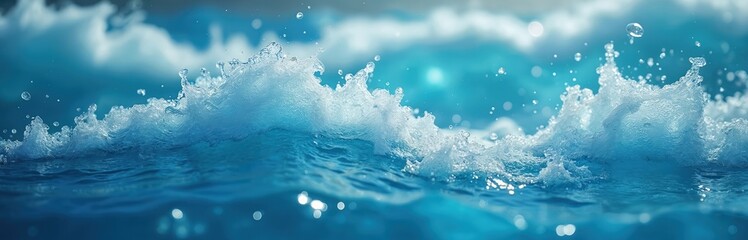 Waves break in clear turquoise ocean. Close up view shows sea foam and water drops. Light reflects on dynamic ocean surface. Summer vacation mood on sea beach.