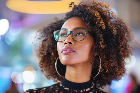 Young adult woman looking thoughtfully with glasses in a modern setting - Powered by Adobe