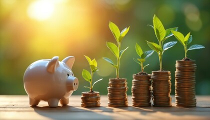 Piggy bank stands near growing plants on coins representing financial growth. Concept of savings investment wealth. Money tree metaphor suggests financial success future prosperity. Saving money