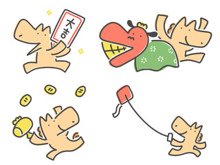 新年を楽しむ馬のセット　おみくじ　大吉　獅子舞　小槌　凧あげ