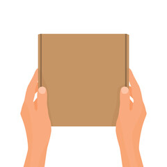 Hands holding cardboard box top view for packaging and delivery concept
