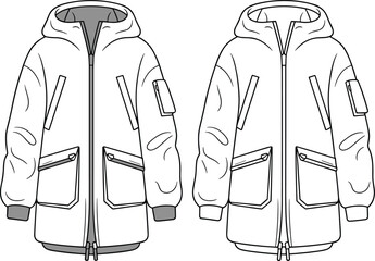 Technical drawing vector jacket, fashion hoodie coat sketch, trendy outerwear front view, zipped pockets, garment template, CAD illustration, designer apparel