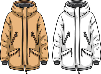 Winter jacket technical sketch, flat fashion coat illustration, CAD garment drawing, apparel template, outerwear vector art, hooded parka design, casual clothing
