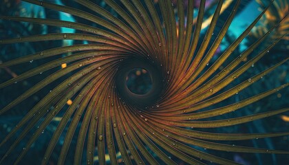 Abstract Swirling Pattern With Golden Yellow and Teal Blue Colors and Glittering Particles Creating a Vortex Effect