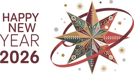 2026 happy new year, decorative starburst vector illustration, festive abstract design, modern geometric star, celebration, holiday greeting, graphic art