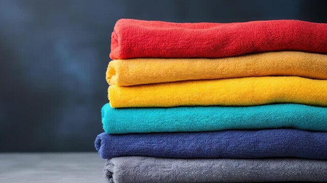 Rainbow Palette of Textiles: A vibrant stack of folded textiles bursts with a spectrum of colors, showcasing the rich textures and patterns found in everyday fabrics. 