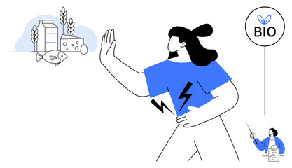 Woman with raised hand rejecting dairy, fish, and grains alongside BIO label. Ideal for health, diet, allergies, choice, awareness sustainability and organics. Simple flat metaphor