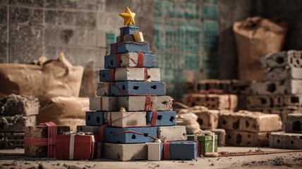 Creative brick christmas tree with star and gift boxes in industrial setting