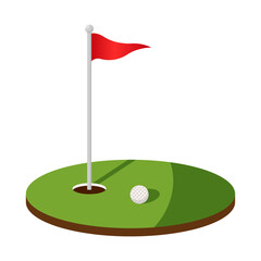 Green golf course vector. Golf ball and flag in a hole.