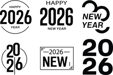 Modern Minimalist 2026 New Year Logo Label Vector Set, Clean Typography Emblem Collection, Trendy Black White Greeting Template Pack