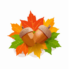 A pair of acorns rests on a bed of autumn leaves, representing nature and Thanksgiving season.