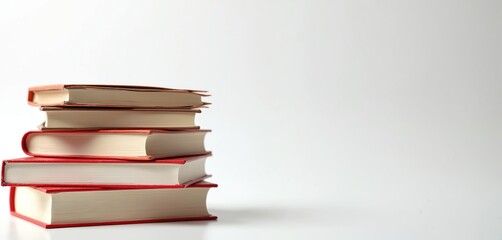 Stack of books with red covers. Books on white background with copy space. Literature, education theme for blog post or article about self-improvement