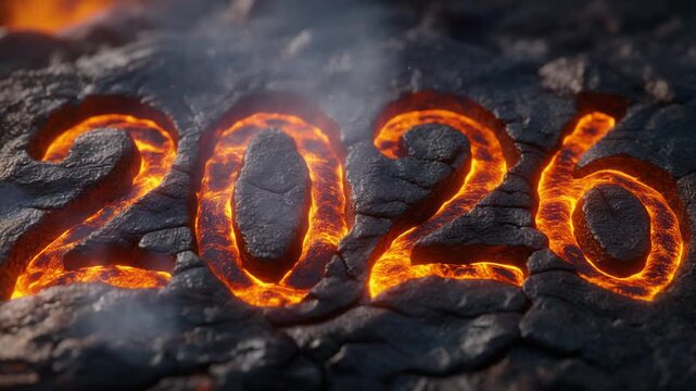 Powerful 3D Engraved Rock Surface with Glowing Lava and Fire Numbers for a 2026 Opener