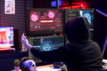 Hacker inserting flash drive in PC to bypass security using exploit, doing covert operations. Rogue technician penetrating firewalls using malware on USB stick, getting system hacked popup on display