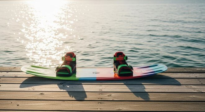 Colorful wakeboard with bindings on wooden dock by sparkling water
