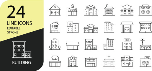 24 Building Line Icons Set, Editable Stroke Vector, Architecture Thin Outline Symbols, Minimal City Landmark Illustration, UI Design Pack