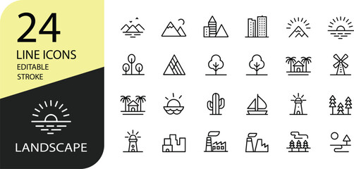 24 Landscape Line Icons Set, Editable Stroke Vector, Minimal Outdoor Nature Symbols, Thin Outline Illustration, UI Web Design Pack