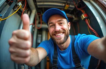 Electrician gives thumbs up. Bearded man smiles wearing blue uniform, cap in electrical room. Professional worker shows ok sign. Repairman checks equipment. Service industry occupation with positive