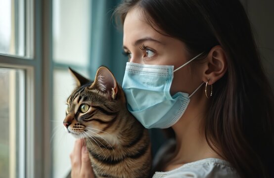 Woman with cat looks out window wearing face mask. Social distancing during pandemic for health protection and virus prevention. Stay home safe with pet animal.