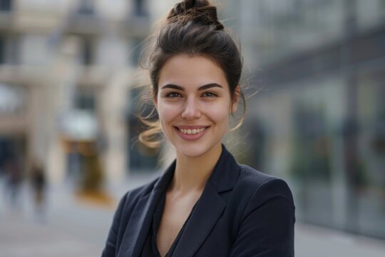 Young adult woman smiling confidently outdoors in urban setting - Powered by Adobe
