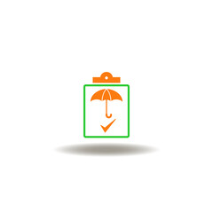 Vector illustration of clipboard with umbrella and check mark. Symbol of premium policy insurance.