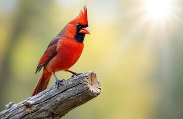 Red cardinal bird perched on a wooden branch. Vivid red plumage black face a bright orange beak are visible. Nature background with light from the sun