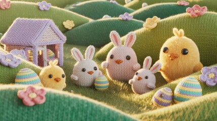 Knitted Easter garden landscape. Rabbits and chickens with eggs. In the background is a hilly area with flowers and a small house. Easter celebrations.
