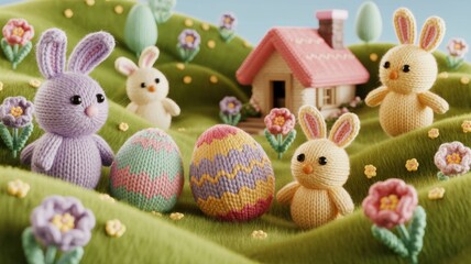 Knitted Easter garden landscape. Rabbits and chickens with eggs. In the background is a hilly area with flowers and a small house. Easter celebrations.