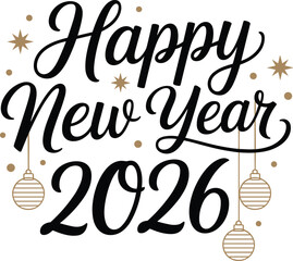 Happy New Year 2026 Calligraphy Vector, Elegant Gold Ornament Card Design, Festive Script Holiday Banner, Printable Editable Template