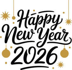 Happy New Year 2026 Calligraphy Vector, Elegant Gold Ornament Card, Festive Script Holiday Banner, Printable Design, Editable Template