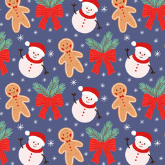 A festive seamless pattern with a gingerbread man, snowman, and Christmas tree branch with a red bow on a blue background for greeting cards, fabric, and wrapping.