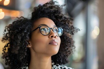 Young adult woman looking thoughtfully upwards in a cafe