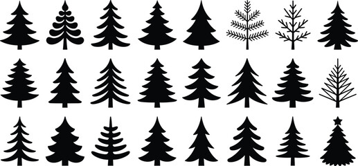 Christmas tree silhouettes collection, pine and fir icons set, black evergreen forest shapes on white background, winter holiday decoration elements​