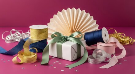 Gift box with ribbon and origami fan on pink background