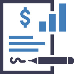 Financial document with a dollar sign graph and pen on a transparent background representing business analytics and contract signing with blue and gray elements