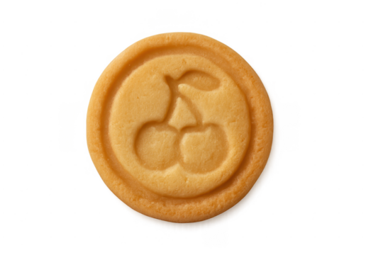 Round shortbread cookie with cherry design on transparent background