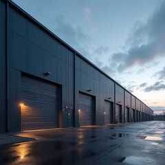 Long modern industrial building with dark grey roller shutter doors at dusk. Wet asphalt ground reflects bright security lights. New warehouse, factory, distribution center property stands ready for