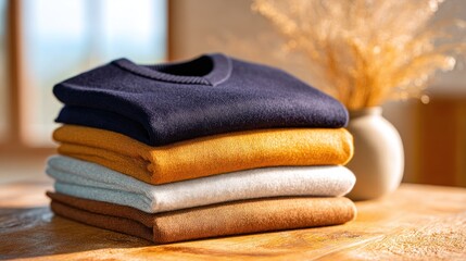 Stack of cozy knitwear fashion on wooden table on sunny day
