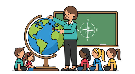 Female Geography Teacher Pointing to a World Globe While Instructing a Group of Diverse Elementary School Students.