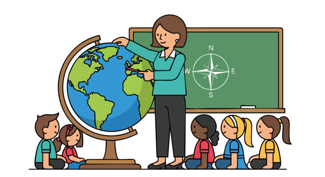 Female Geography Teacher Pointing to a World Globe While Instructing a Group of Diverse Elementary School Students.