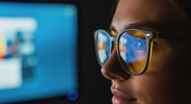 Close-up of woman wearing blue-light-filter glasses while looking at a computer screen. Blue-light-filter glasses enhance visual comfort and reduce eye strain during prolonged screen use.