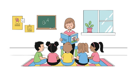 Kindergarten Teacher Reading a Story Book to a Diverse Group of Young Children Sitting on a Colorful Rug in the Classroom.