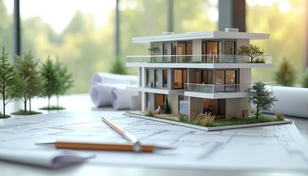 Architectural model of modern house on blueprints with pencils. Tiny trees surround building project. Design plans and sketches create future home.