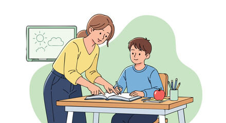 Female Tutor or Teacher Providing One-on-One Instruction to a Young Male Student Working on Homework or a Lesson at a Desk.