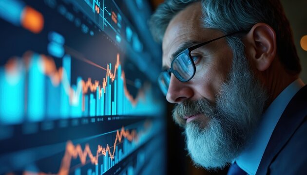 Bearded businessman in suit examines financial charts. Trader analyses data on screen. Investor checks market trends. Investment, data analytics concept. Finance pro works with stock stats.