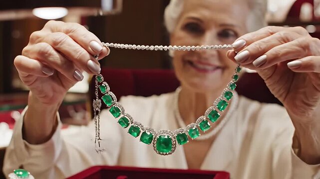 Smiling senior womans hands hold an opulent emerald and diamond necklace proudly showcasing the precious gemstones and elegant luxury fine jewelry piece