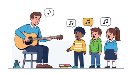 Music Teacher Playing an Acoustic Guitar and Leading a Diverse Group of Elementary Students in a Singing Lesson or Choir Practice