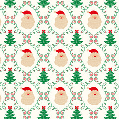 Festive seamless pattern with Santa Claus and a Christmas tree. Cute Christmas background for wrapping paper or fabric.