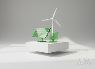 Minimalist 3D render of a translucent green solar panel, white wind turbine, and eco electric plug leaf on a floating white platform, clean power concept.