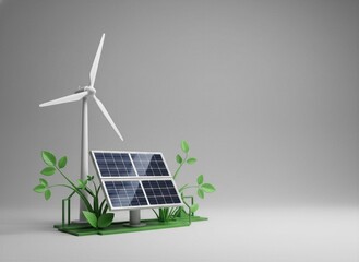 3D render of a white wind turbine and blue solar panel array on a green base with stylized leaves, illustrating renewable energy on a clean grey background with ample copy space.
